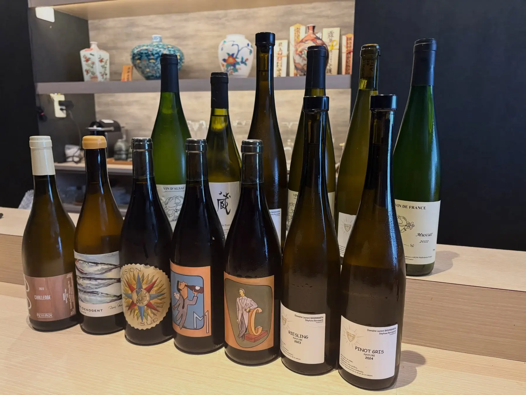 A line-up of wine bottles