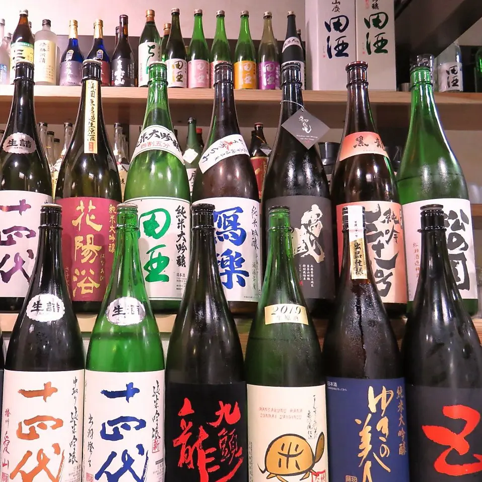 Shelves of sake bottles