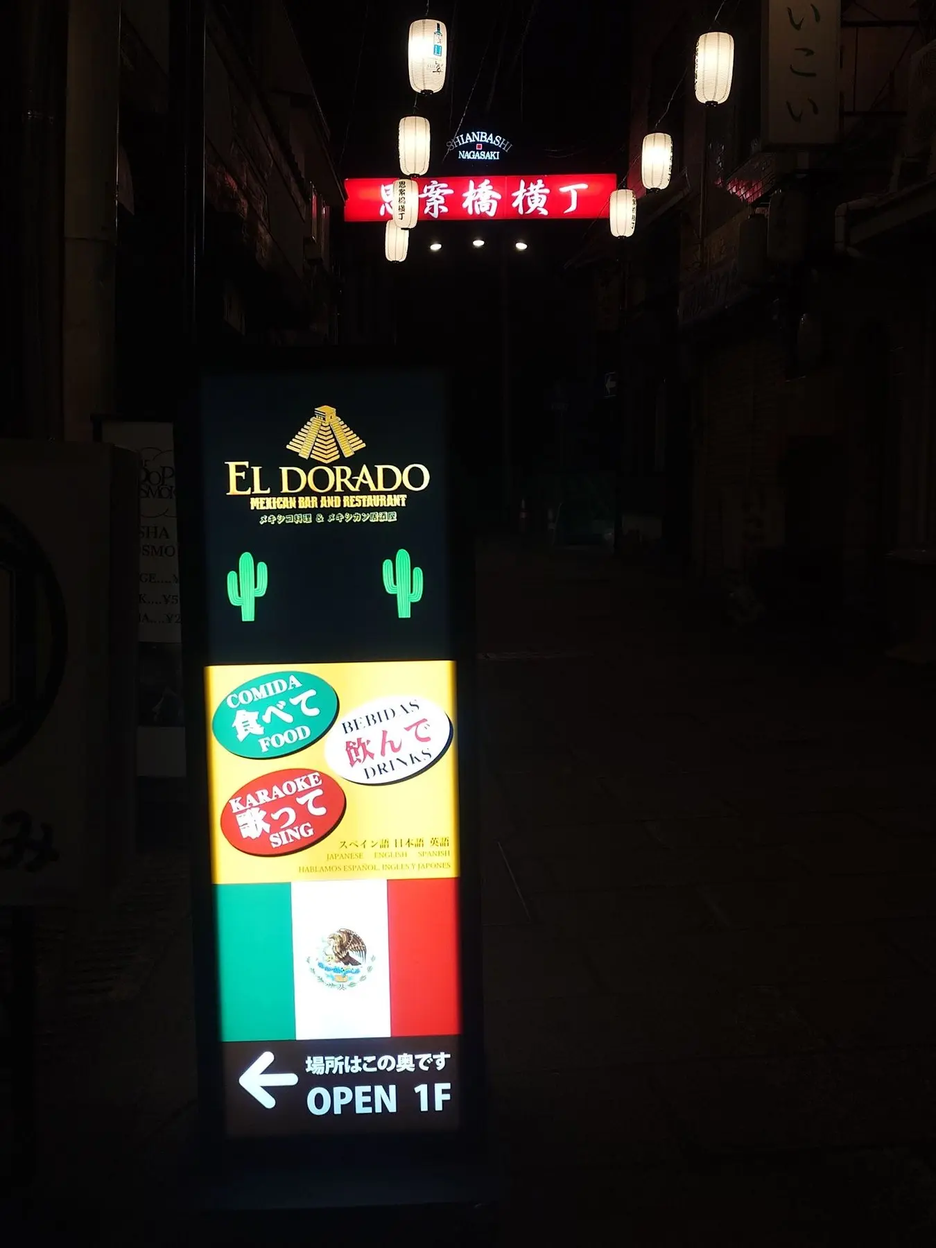 夜の看板と横丁のアーチ