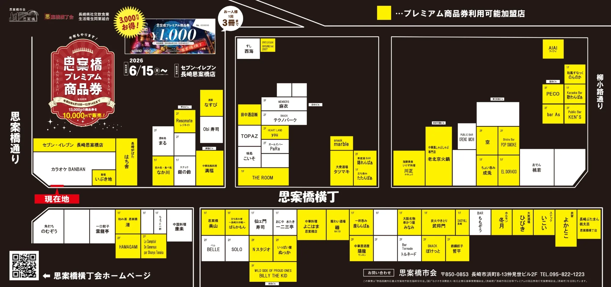 Map of Shianbashi Yokocho showing the locations and names of the 70 member shops on the north and south sides, from Shianbashi-dori to Yanagikoji-dori, with information on the 2026 Shianbashi premium gift vouchers (in Japanese)